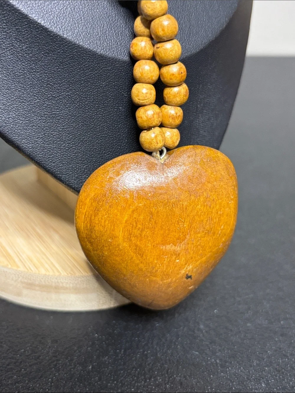 Vintage Handcrafted Wooden Heart Pendant Necklace Brown Popover
